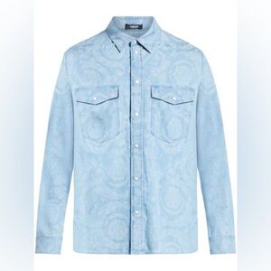 New Authentic Versace Washed Baroque Motif Cotton Chambray Western Shirt – Blue
